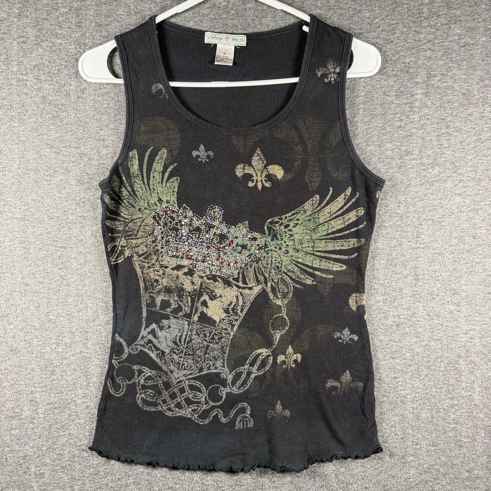 Vintage Suzie Tank Top Womens Medium Black Rhinestone Crown Wings Y2K Gothic